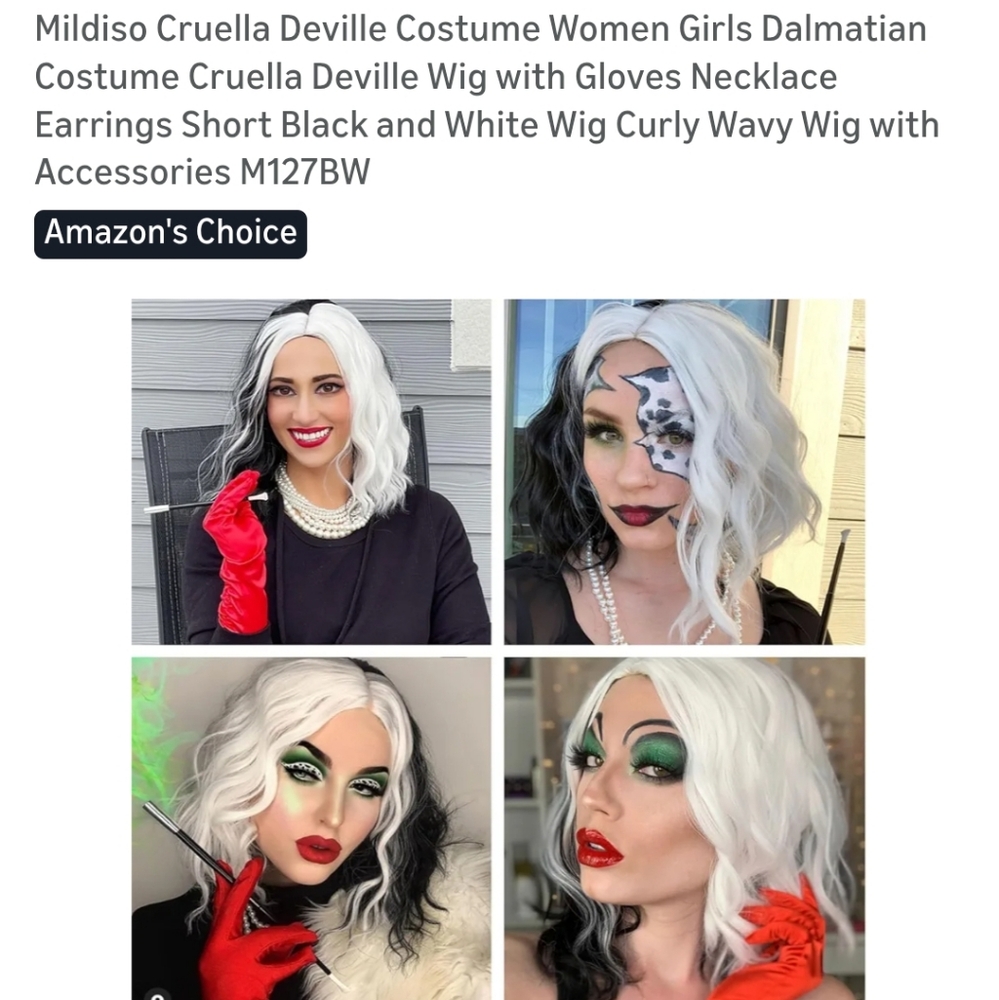 Black and White Cruella Deville Wig Gloves , Pearls ,  Cigarette holder
